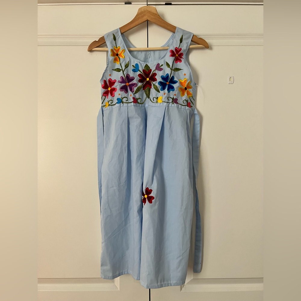 Floral Embroidered Kids Dress - Blue